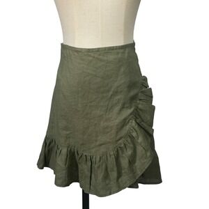 Cleobella Olive Green Wrap Front Tie Ruffle Linen Mini Skirt Size M Boho